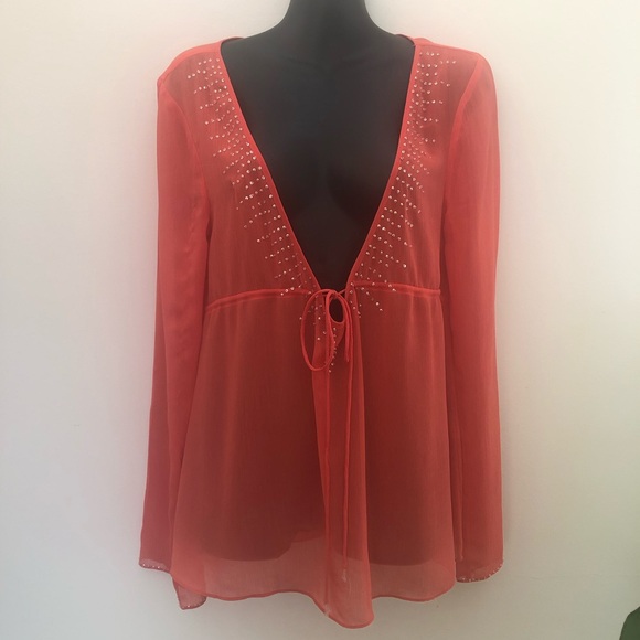 Just Jeans Sheer Orange Top Long Sleeve Deep V Neckline clear crystal detail - Picture 4 of 11